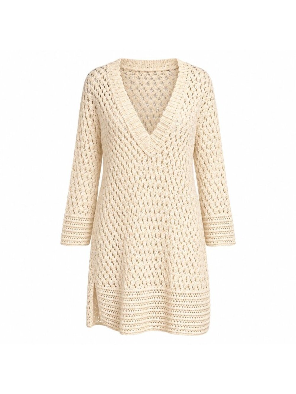 Dressbarn Size L Cream Open Knit Cover Up Tunic Sweater Beach Boho Layering Top